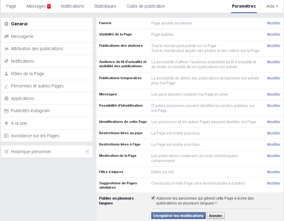 Paramètres page facebook publication en plusieurs langues