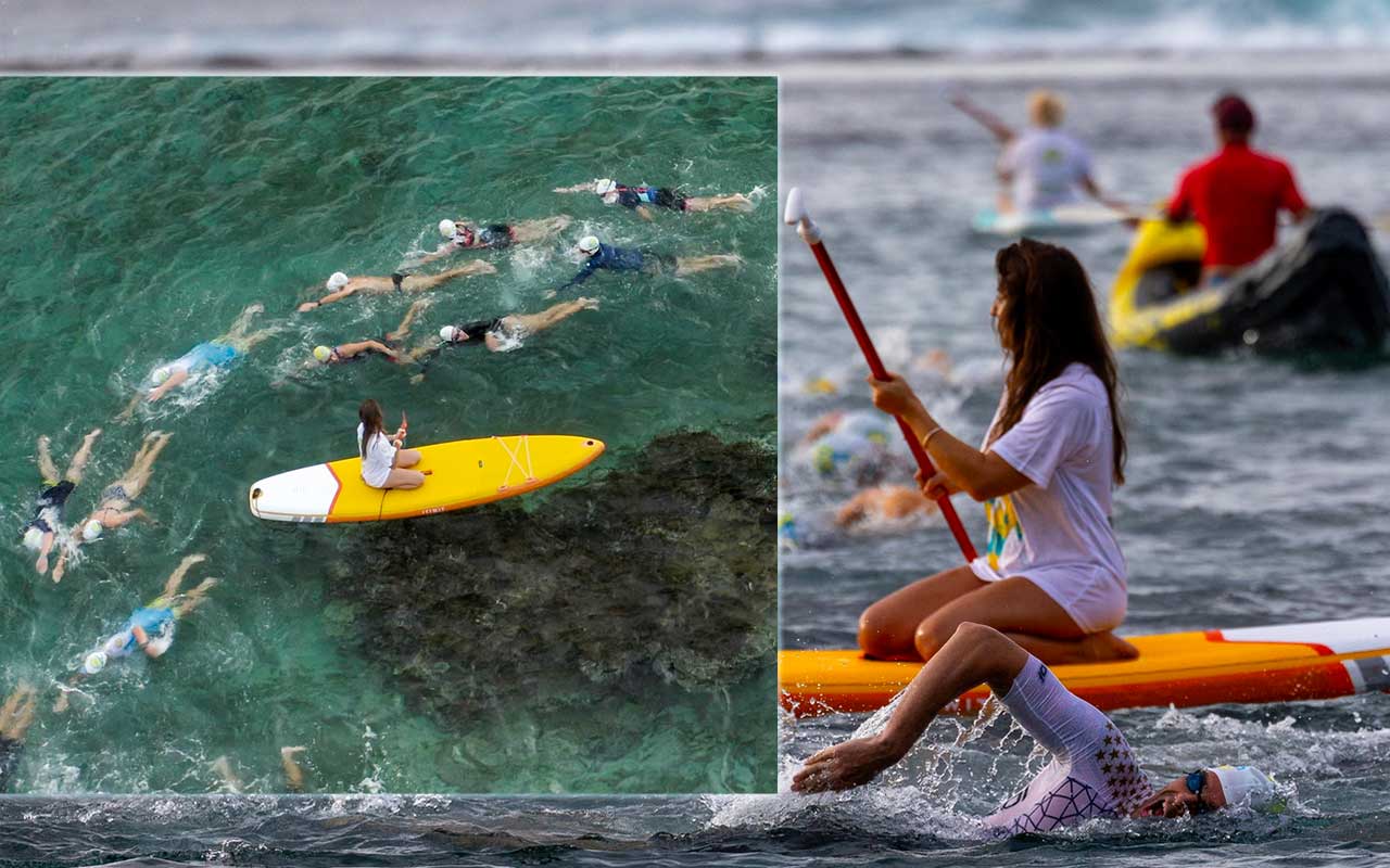 natation dans le lagon de saint pierre triathlon 0 3000 avec Camille Lacourt